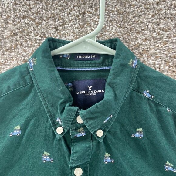 American Eagle Shirt Adult Small Green Christmas Tree Car Pattern Button Up Logo - Picture 2 of 12